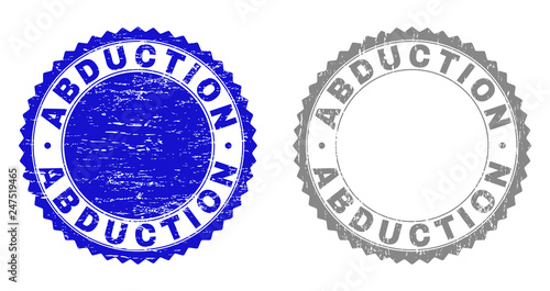 ABDUCTION stamps with grunge texture in blue and gray colors isolated on white background. Vector rubber overlay of ABDUCTION text inside round rosette. Stamp seals with retro textures.