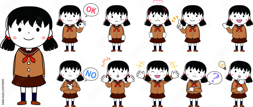 Fototapeta premium A cute pigtails female student in a sailor suit expressing emotion set