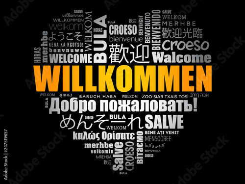 Willkommen (Welcome in German) love heart word cloud in different languages