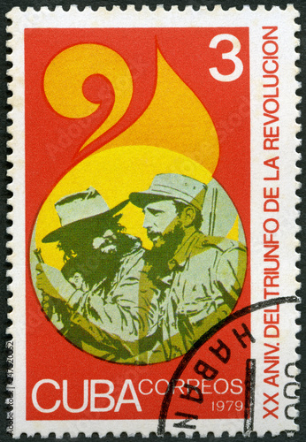 CUBA - 1979: shows commander Fidel Alejandro Castro Ruz (1926-2016) and soldier, Triumph of the Revolution, 20th anniversary