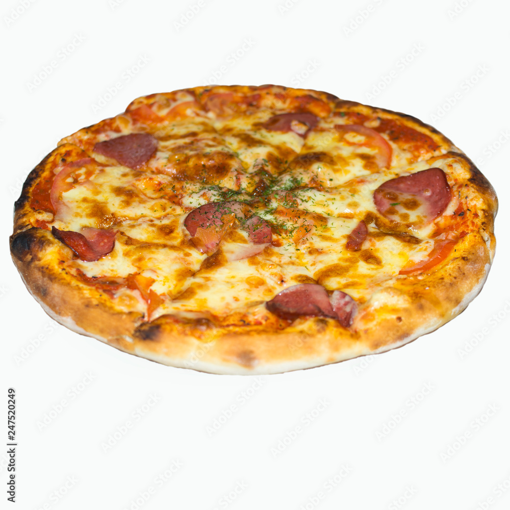 Pizza baked on the coals. Italian tasty dish isolated on white background. Object for the project and design