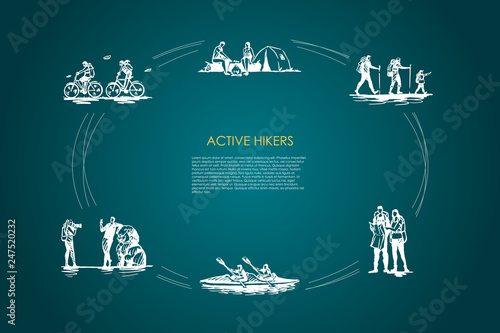 Active hikers - people riding bicycles, having rest with camping in forest, hiking with family, orienting with map, driving kanoe, taking photo vector concept set