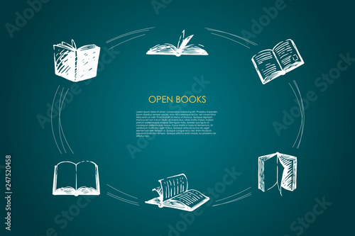 Open books - books with open pages and coverings vector concept set