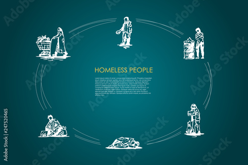 Homeless people - people begging for money and food, sleeping on street, warming up near fire, collecting garbage vector concept set