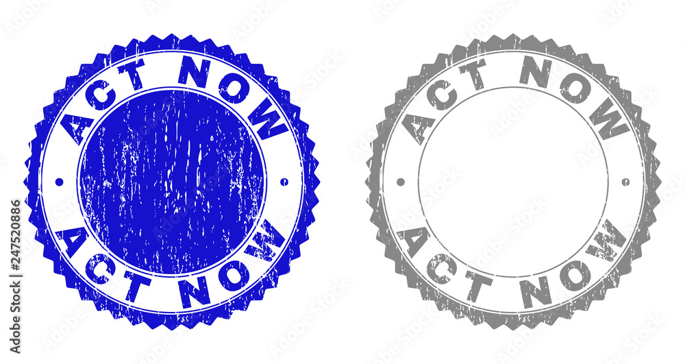 ACT NOW stamp seals with grunge texture in blue and gray colors isolated on white background. Vector rubber watermark of ACT NOW title inside round rosette. Stamp seals with scratched styles. ACT NOW stamp seals with grunge texture in blue and gray colors isolated on white background. Vector rubber watermark of ACT NOW title inside round rosette. Stamp seals with scratched styles.
