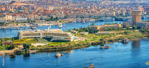 16/11/2018 Aswan, Egypt, view of the panorama of the city from the mountain of the west coast of the Nile on a sunny day