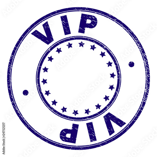 VIP stamp seal watermark with distress texture. Designed with round shapes and stars. Blue vector rubber print of VIP label with retro texture.
