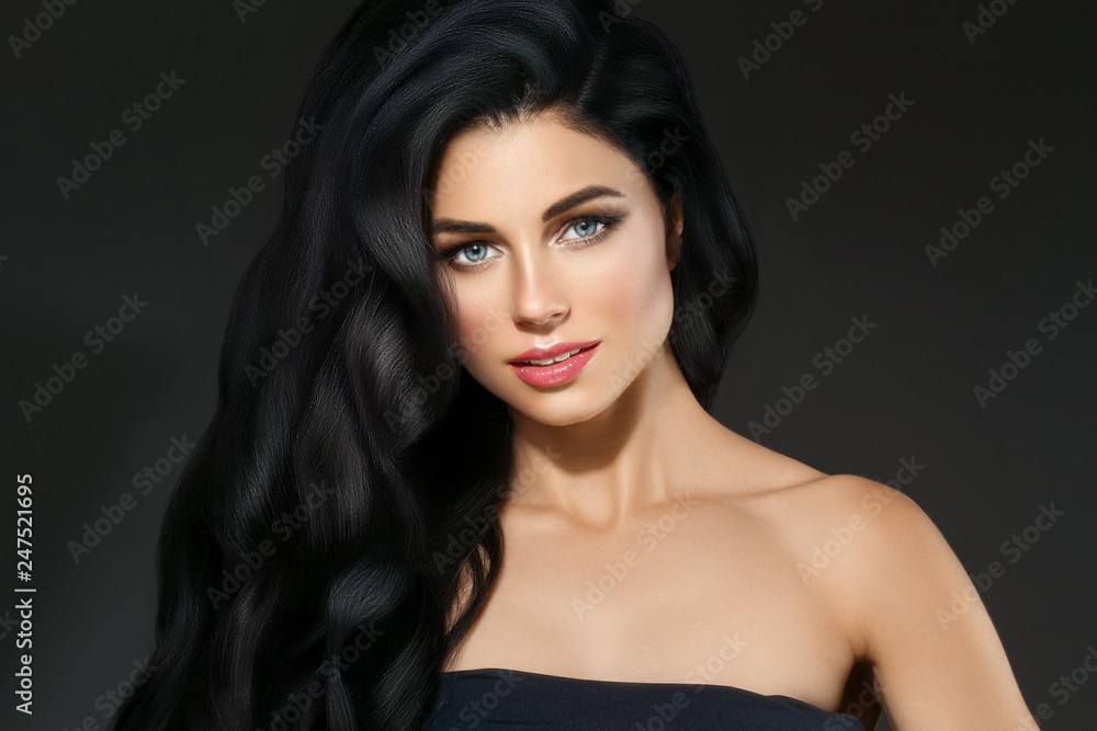 Black hair woman. Beautiful brunette hairstyle fashion portrait over dark background Black hair woman. Beautiful brunette hairstyle fashion portrait over dark background