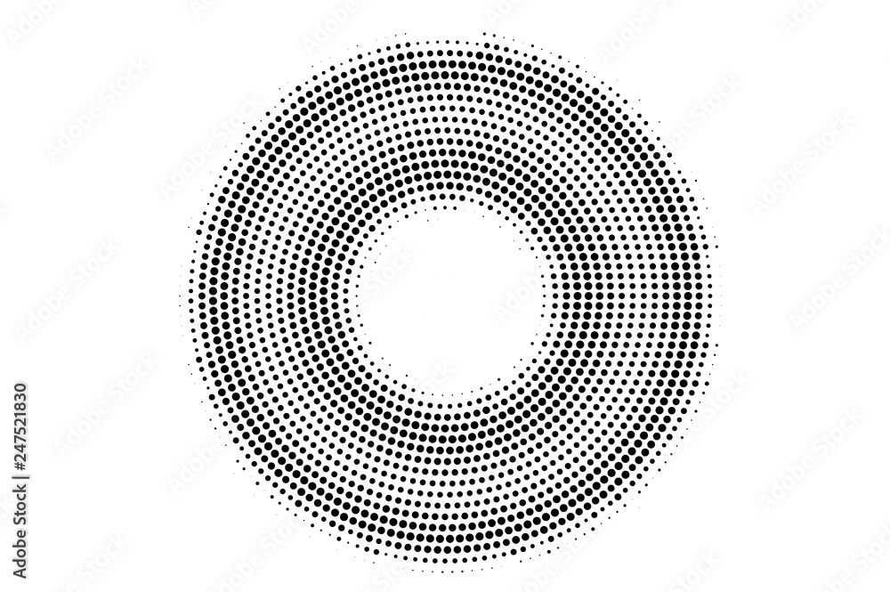 Black on white round halftone vector texture. Digital optical illusion. Circular dotwork gradient for vintage effect.