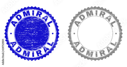 ADMIRAL stamp seals with distress texture in blue and gray colors isolated on white background. Vector rubber overlay of ADMIRAL text inside round rosette. Stamp seals with scratched styles.