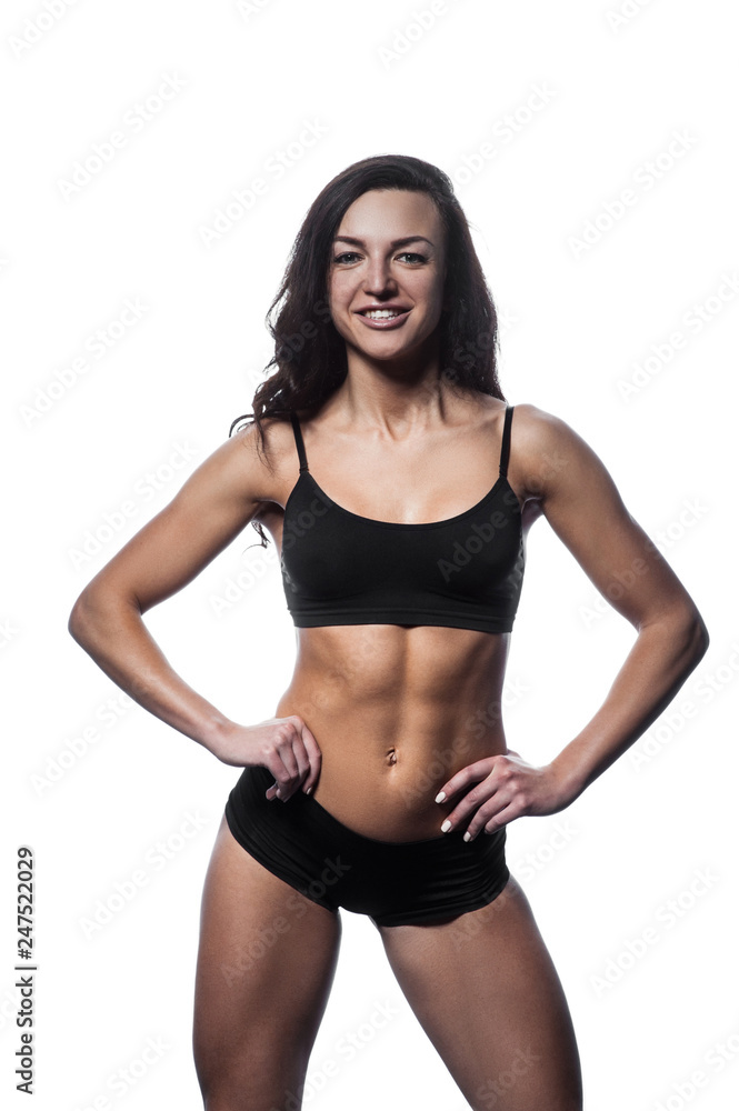 Fitness model woman smile on white studio background Fitness model woman smile on white studio background
