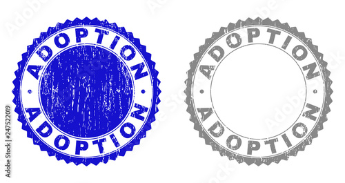 ADOPTION stamp seals with grunge texture in blue and grey colors isolated on white background. Vector rubber overlay of ADOPTION label inside round rosette. Stamp seals with grunge styles.
