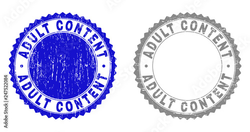 ADULT CONTENT stamp seals with grunge texture in blue and grey colors isolated on white background. Vector rubber imprint of ADULT CONTENT text inside round rosette. Stamp seals with grunge styles.