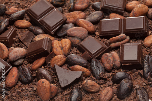Chocolate bar pieces, cocoa beans and cocoa powder mix