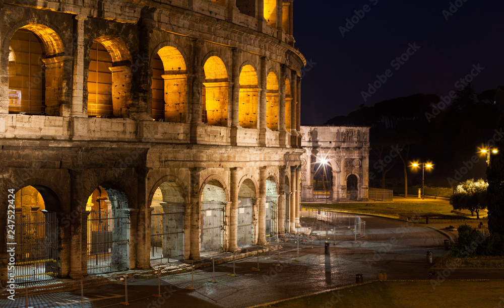 Night view of Colosseum in Rome, Italy. Rome ruins, architecture and landmark