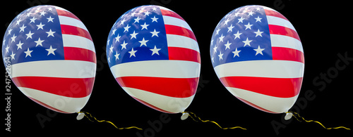 3 balloons with the image of the national flag of USA, with different intensity of color. 3D render illustration isolated on black.