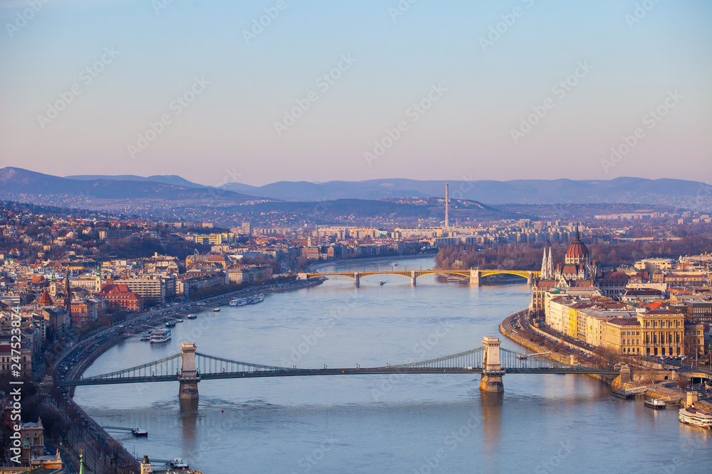 BUDAPEST / HUNGARY - FEBRUARY 02, 2012: Panorama of the city, shot taken during beautiful purple evening sun