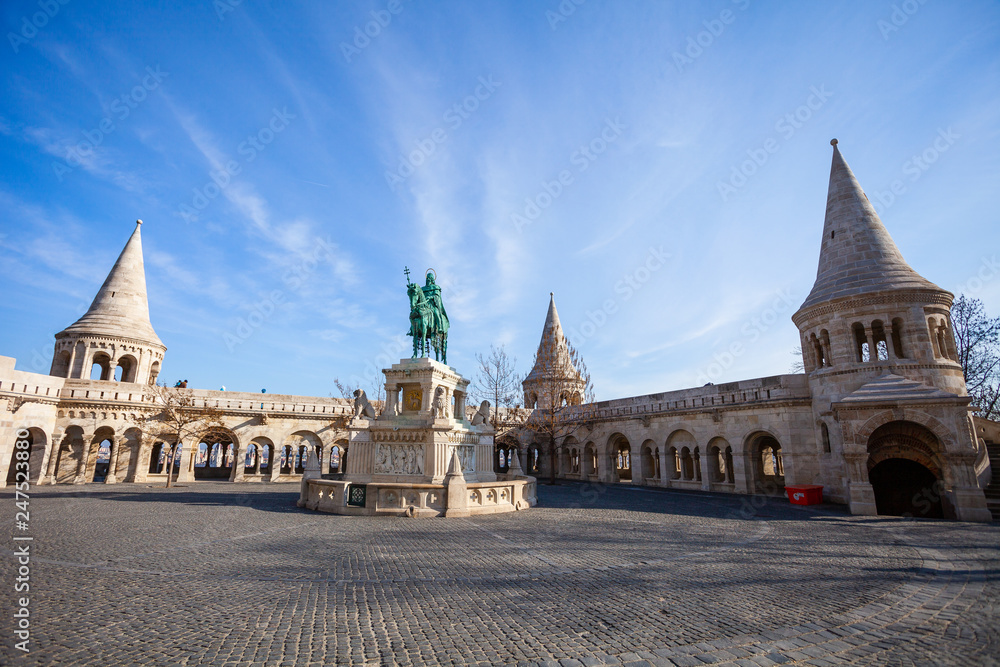 BUDAPEST / HUNGARY - FEBRUARY 02, 2012: View of historical landmark Szent István szobra monumente located in the capitol of the country, in Fisherman's Bastion