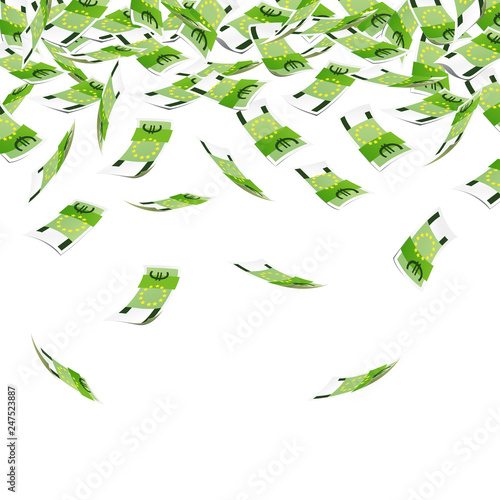 Rain of money - banknotes on white background. One hundred euro banknote.