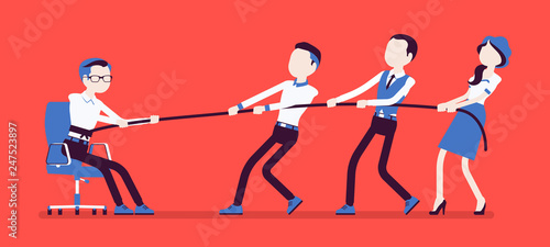 Breaking out of comfort zone to get personal growth. Team of people trying to pull with effort a man from cozy home environment, where he feels at ease, safe. Vector illustration, faceless characters