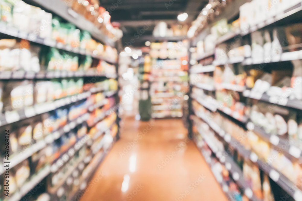 supermarket aisle shelf interior abstract blur background