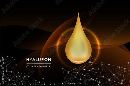 Gold Collagen Serum drop, cosmetic advertising background ready to use, luxury skin care ad, vector illustration.