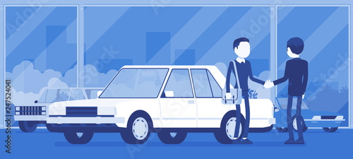 Dealer in car showroom displays vehicle for sale. Male automobile seller, customer makes an agreement in sales agency, man buying new auto, business in shop. Vector illustration, faceless characters