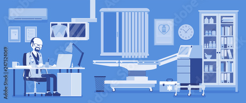 Male doctor in general practitioner office interior. Hospital examination room with medical facility, clinic practice to receive and treat patients. Vector illustration, faceless characters