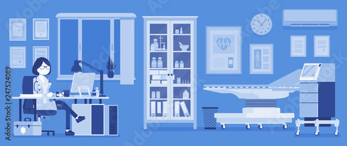 Female doctor in general practitioner office interior. Hospital examination room, medical facility, clinic practice to receive. Medicine, healthcare concept. Vector illustration, faceless characters