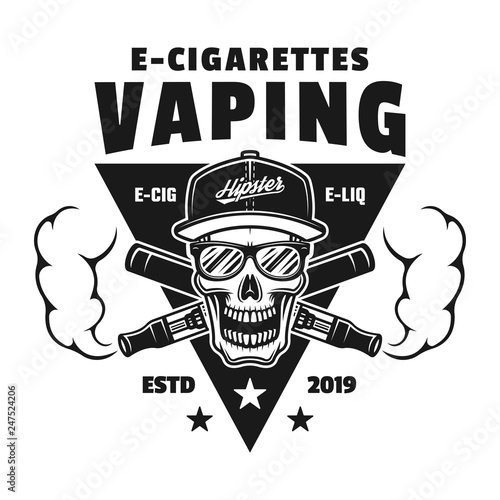 Skull and two crossed e-cigarettes vector emblem