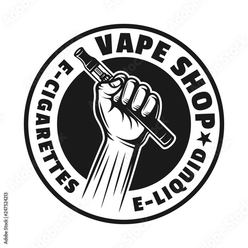 Hands hold electronic cigarette vector emblem