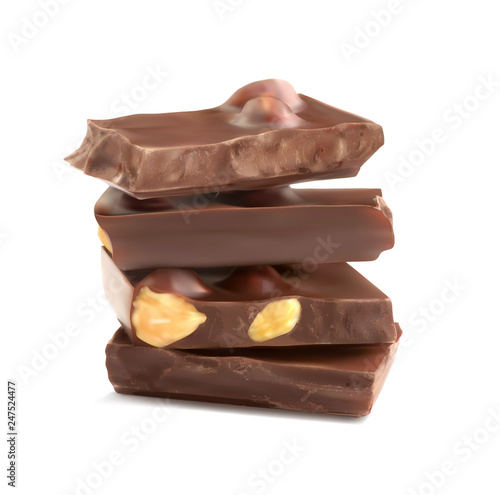 Chunks of chocolate with hazelnuts. Vector realistic illustration.