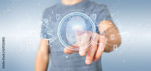 Businessman holding a Digital fingerprint identification and binary code 3d rendering