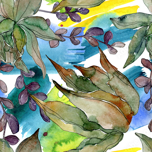 Jungle botanical succulent. Watercolor background illustration set. Seamless background pattern.