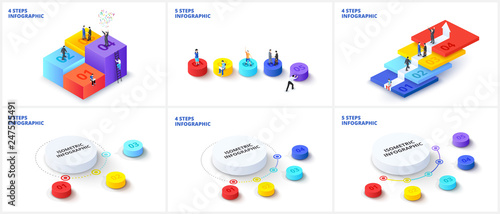 Vector isometric infographics pack with abstract elements and people. Business concept with 3, 4, 5 and 6 options, parts, steps or processes