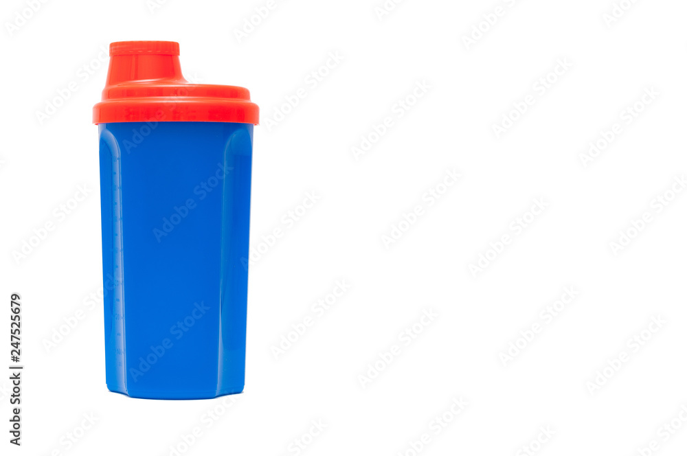 Bright blue-orange modern shaker for sports nutrition isolated on white background, concept of healthy eating and fitness classes. Blue water bottle, sport, tourism isolated on white background. Bright blue-orange modern shaker for sports nutrition isolated on white background, concept of healthy eating and fitness classes. Blue water bottle, sport, tourism isolated on white background.