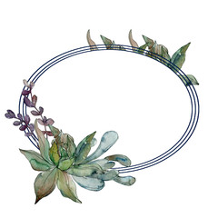 Jungle botanical succulent. Watercolor background illustration set. Frame border ornament square.