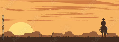 Silhouette of lonesome cowboy riding horse at sunset, Vector Illustration