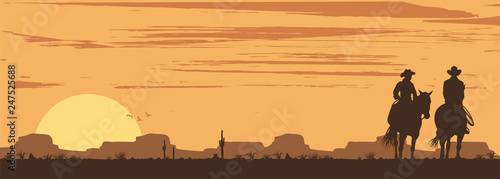 Silhouette of Cowboy couple riding horses at sunset, vector