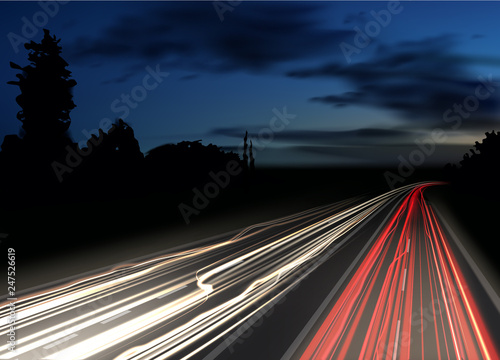 Vector image of colorful light trails with motion blur effect, long time exposure isolated on background