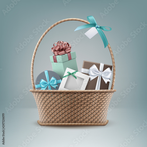 Vector illustration of wicker basket full of gift boxes isolated on background