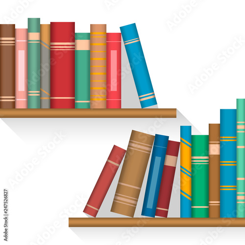Colored books on shelves with raised bands on a spine cove