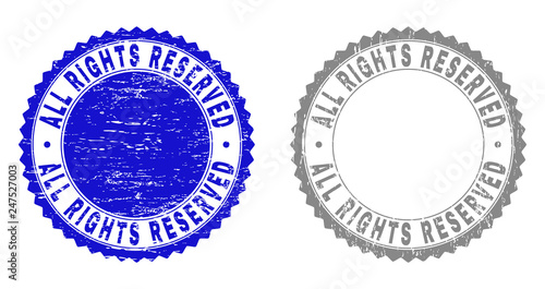 ALL RIGHTS RESERVED stamp seals with grunge texture in blue and gray colors isolated on white background. Vector rubber overlay of ALL RIGHTS RESERVED title inside round rosette.