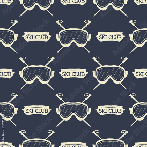 Snowboard seamless background. Winter ski pattern design with snowboards mask goggles and typography elements. Stock vector. Monochrome style.