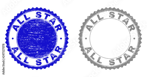 ALL STAR stamp seals with distress texture in blue and gray colors isolated on white background. Vector rubber imitation of ALL STAR title inside round rosette. Stamp seals with scratched styles.