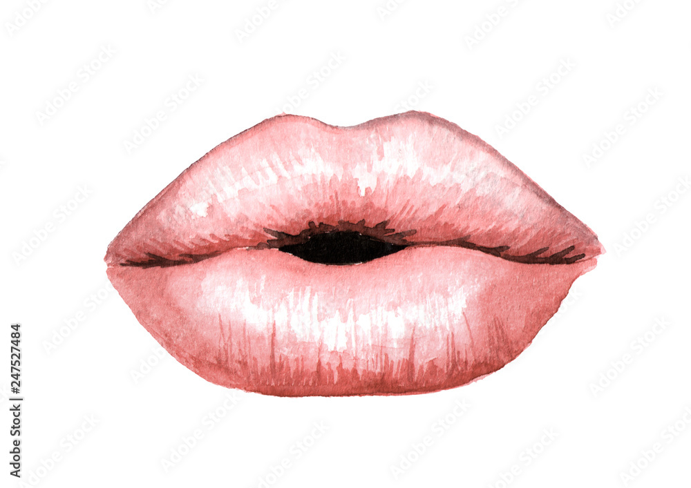 Plump puffy pink kissing lips with Nude lipstick. Watercolor hand drawn illustration isolated on white background Plump puffy pink kissing lips with Nude lipstick. Watercolor hand drawn illustration isolated on white background
