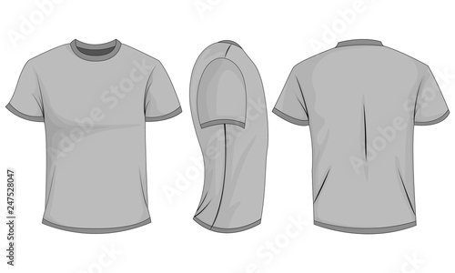 Gray t-shirt template in front, side and back views
