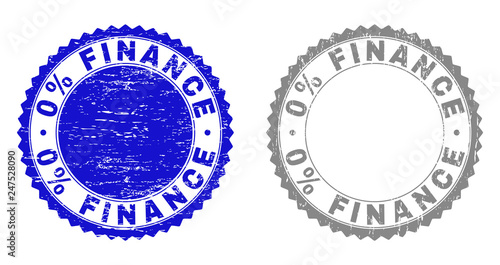 0% FINANCE stamp seals with grunge texture in blue and grey colors isolated on white background. Vector rubber imitation of 0% FINANCE caption inside round rosette. Stamp seals with retro styles.