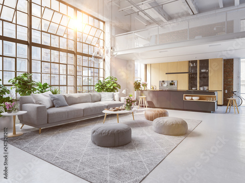 Canvas Print 3D-Illustration of a new modern city loft apartment.