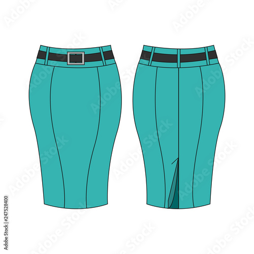 Turquoise pencil skirt isolated on white background, front and back view